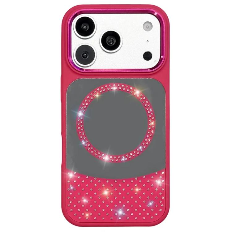 For iPhone 17 Pro Max Crystal Mirror Surface Rhinestone Magnetic Phone Case(Rose Red)