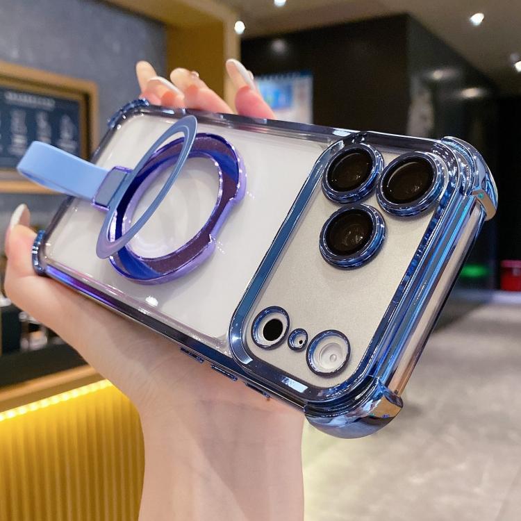 For iPhone 17 Pro Max Crystal Shield Ring Holde TPU + Acrylic Magnetic Phone Case(Blue)