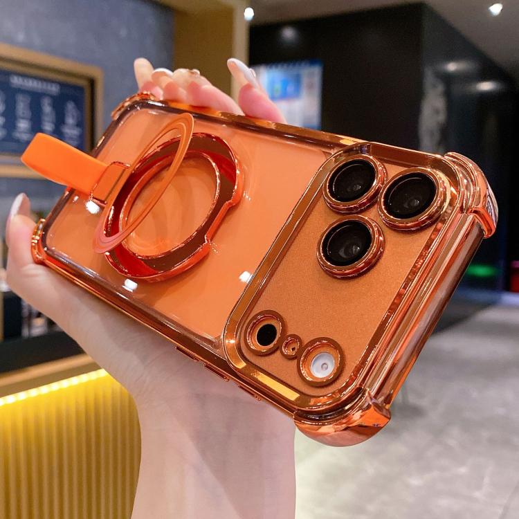 For iPhone 17 Pro Max Crystal Shield Ring Holde TPU + Acrylic Magnetic Phone Case(Orange)