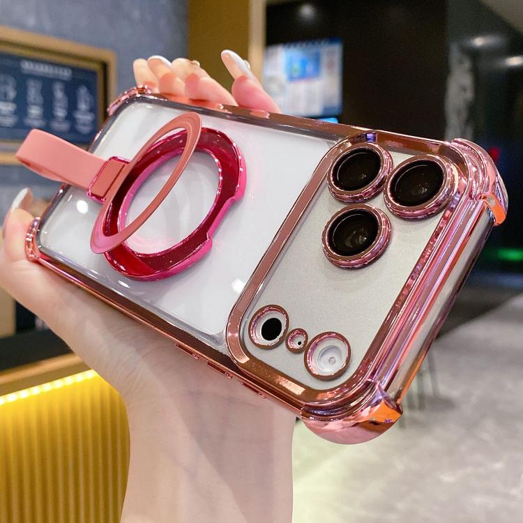 For iPhone 17 Pro Max Crystal Shield Ring Holde TPU + Acrylic Magnetic Phone Case(Pink)