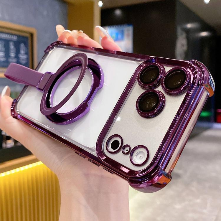 For iPhone 17 Pro Max Crystal Shield Ring Holde TPU + Acrylic Magnetic Phone Case(Purple)