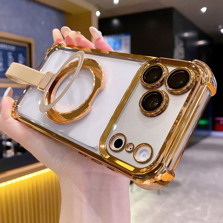 For iPhone 17 Pro Max Crystal Shield Ring Holde TPU + Acrylic Magnetic Phone Case(Yellow)