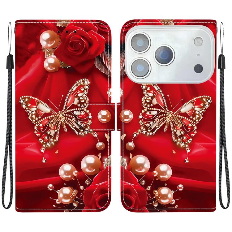For iPhone 17 Pro Max Crystal Texture Colored Drawing Leather Phone Case(Pearl Butterfly Rose)