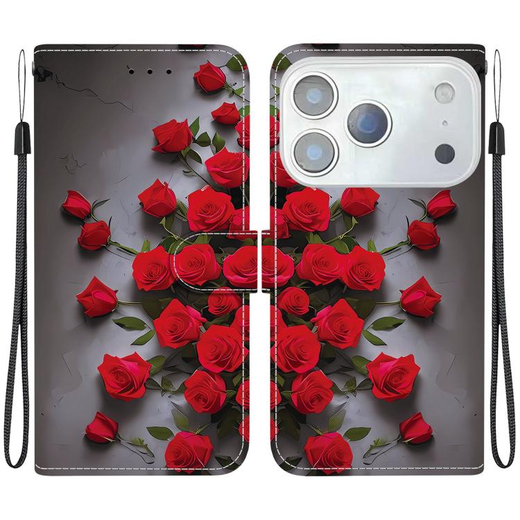 For iPhone 17 Pro Max Crystal Texture Colored Drawing Leather Phone Case(Red Roses)