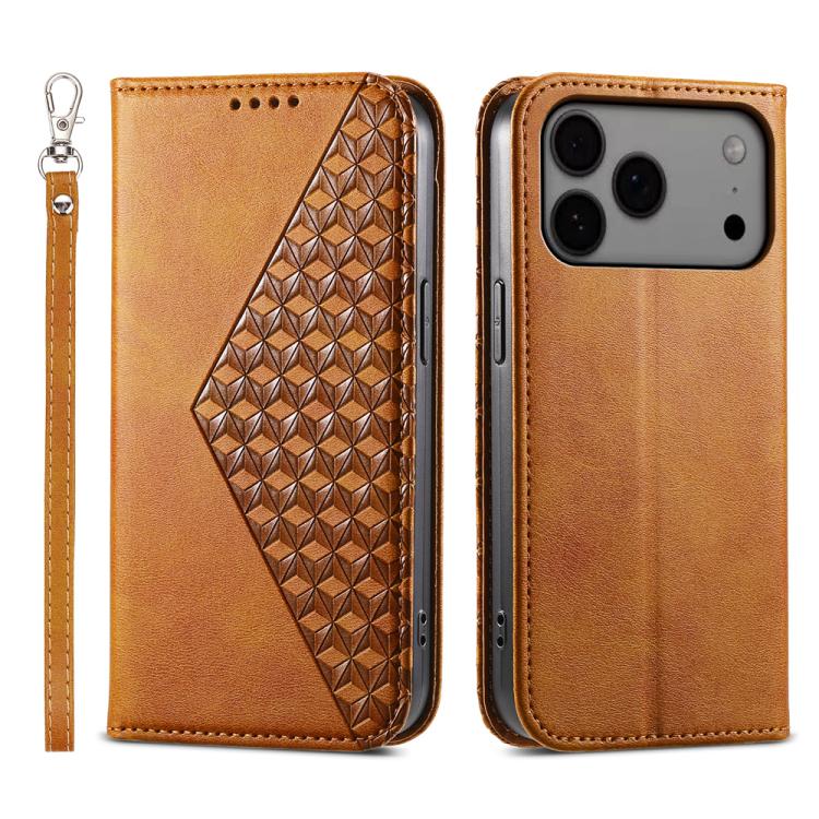 For iPhone 17 Pro Max Cubic Grid Calf Texture Magnetic Leather Phone Case(Brown)