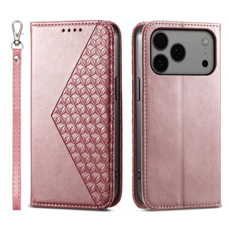 For iPhone 17 Pro Max Cubic Grid Calf Texture Magnetic Leather Phone Case(Rose Gold)