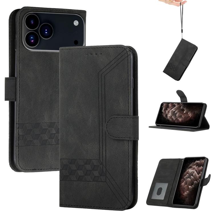 For iPhone 17 Pro Max Cubic Skin Feel Flip Leather Phone Case(Black)