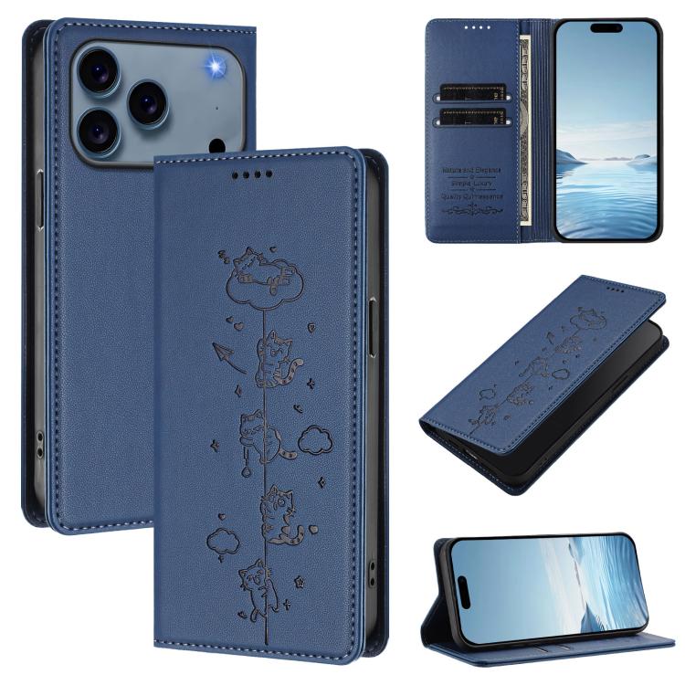 For iPhone 17 Pro Max Cute Cats Embossed Magnetic RFID Vegan Leather Phone Case(Dark Blue)