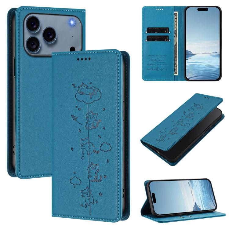 For iPhone 17 Pro Max Cute Cats Embossed Magnetic RFID Vegan Leather Phone Case(Lake Blue)