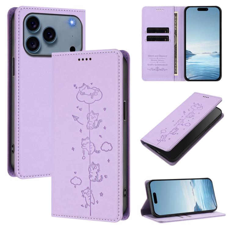 For iPhone 17 Pro Max Cute Cats Embossed Magnetic RFID Vegan Leather Phone Case(Light Purple)