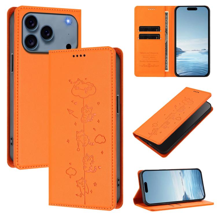 For iPhone 17 Pro Max Cute Cats Embossed Magnetic RFID Vegan Leather Phone Case(Orange)