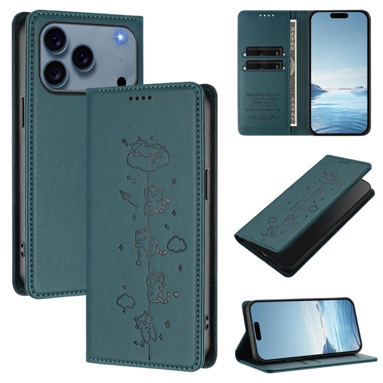 For iPhone 17 Pro Max Cute Cats Embossed Magnetic RFID Vegan Leather Phone Case(Peacock Green)