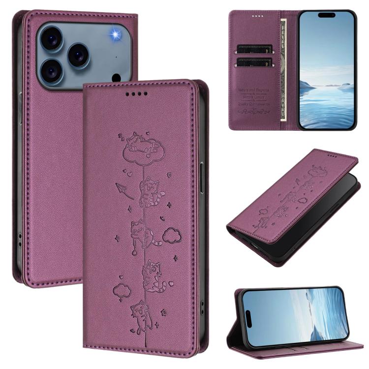 For iPhone 17 Pro Max Cute Cats Embossed Magnetic RFID Vegan Leather Phone Case(Violet Purple)
