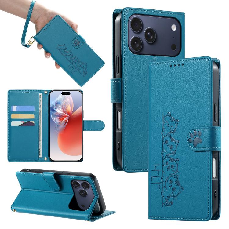 For iPhone 17 Pro Max Cute Cats Magnetic Closure Vegan Leather Phone Case with Strap(Blue)