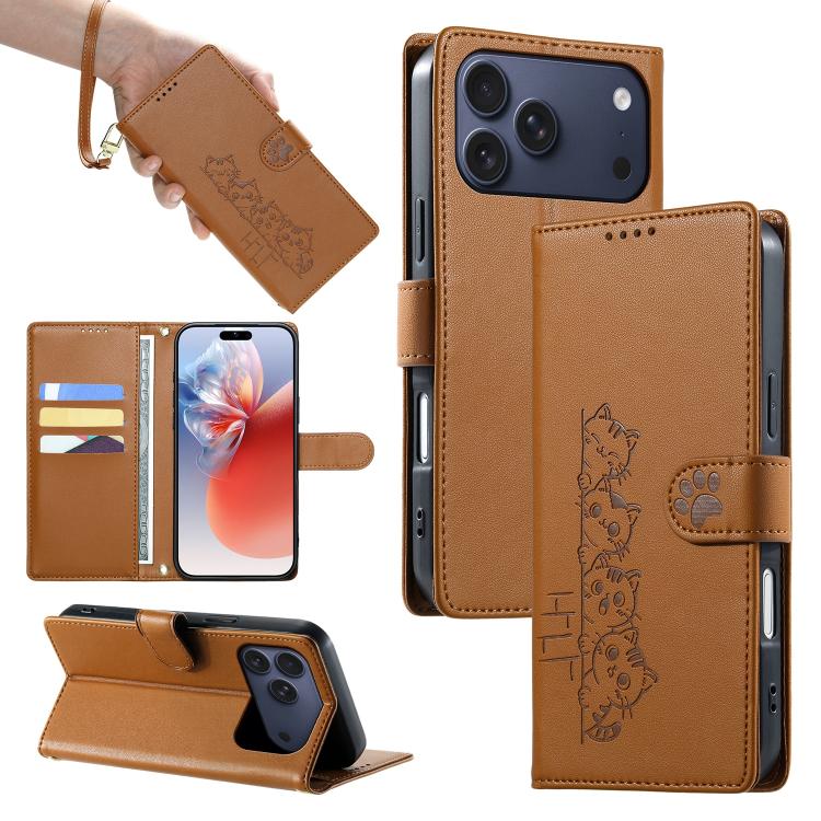 For iPhone 17 Pro Max Cute Cats Magnetic Closure Vegan Leather Phone Case with Strap(Brown)