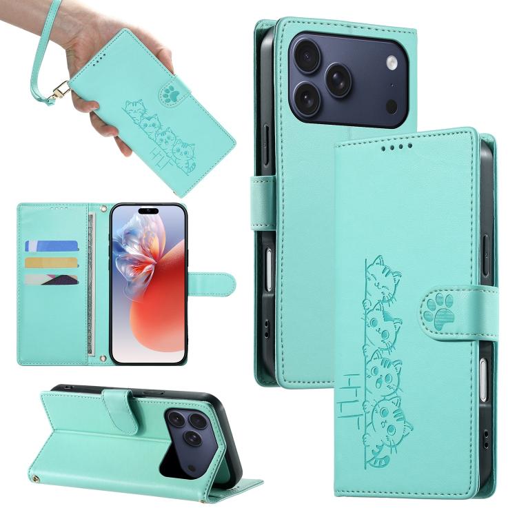 For iPhone 17 Pro Max Cute Cats Magnetic Closure Vegan Leather Phone Case with Strap(Green)