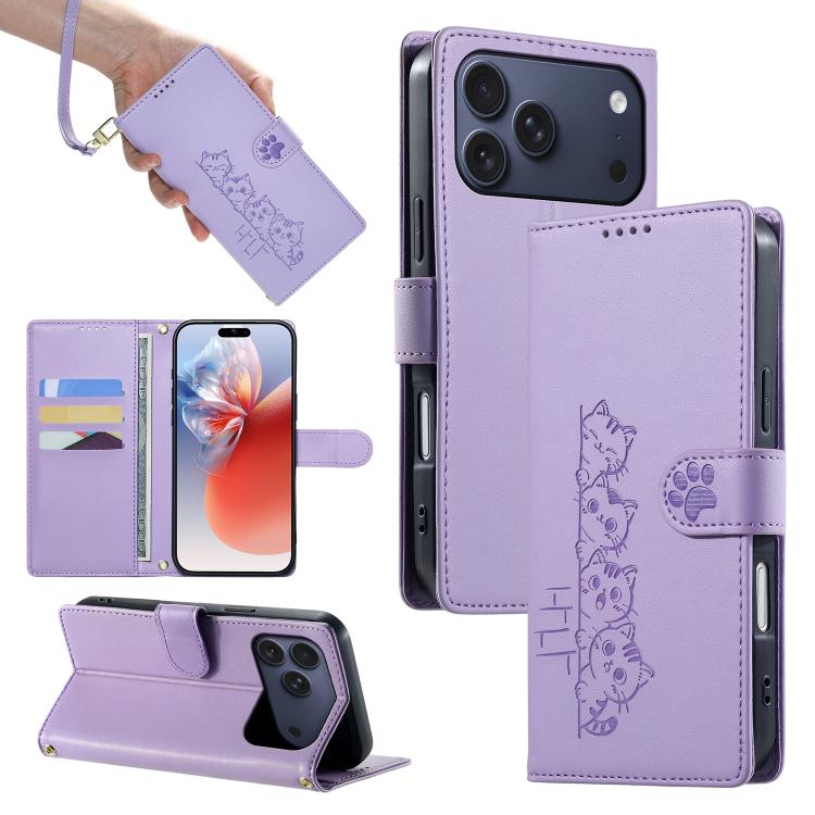 For iPhone 17 Pro Max Cute Cats Magnetic Closure Vegan Leather Phone Case with Strap(Purple)