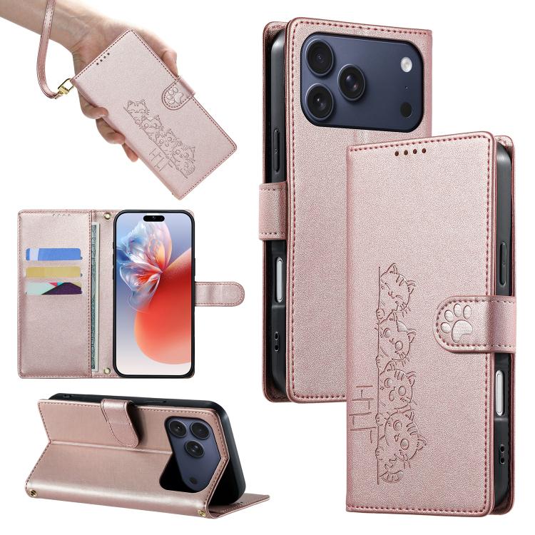For iPhone 17 Pro Max Cute Cats Magnetic Closure Vegan Leather Phone Case with Strap(Rose Gold)