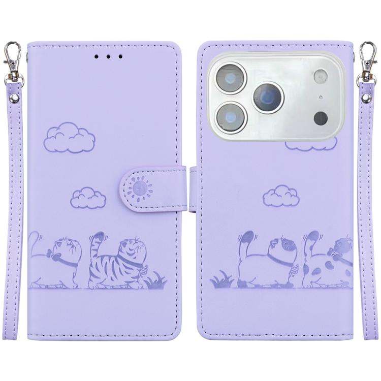For iPhone 17 Pro Max Cute Cats RFID Leather Phone Case(Purple)