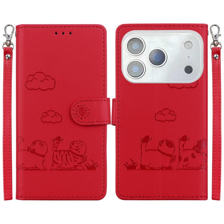 For iPhone 17 Pro Max Cute Cats RFID Leather Phone Case(Red)