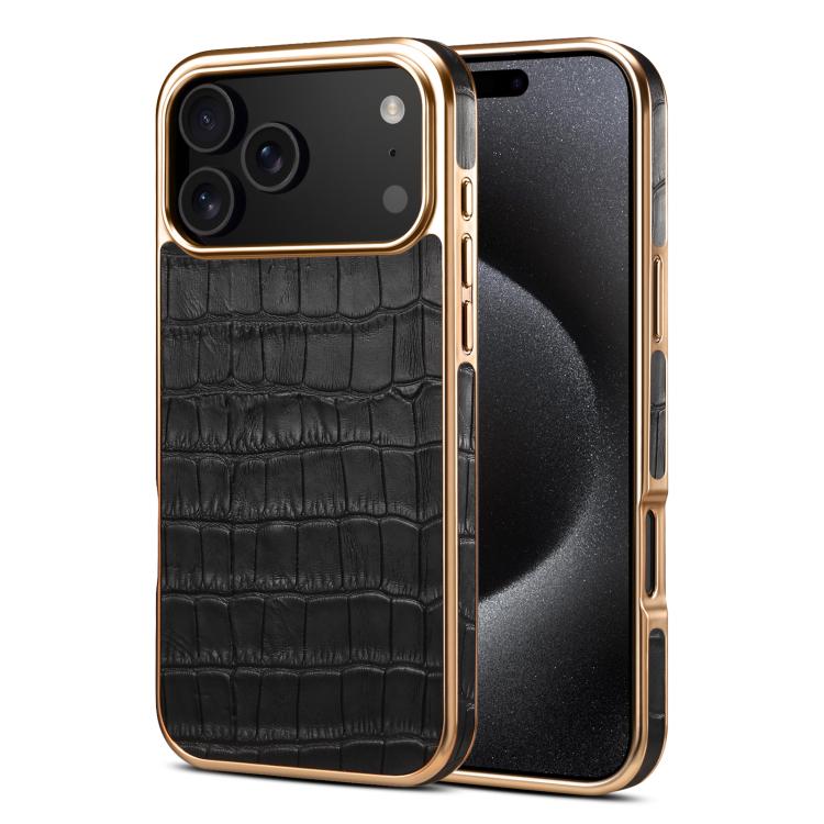 For iPhone 17 Pro Max Denior Crocodile Texture Genuine Leather Electroplating Phone Case(Black)