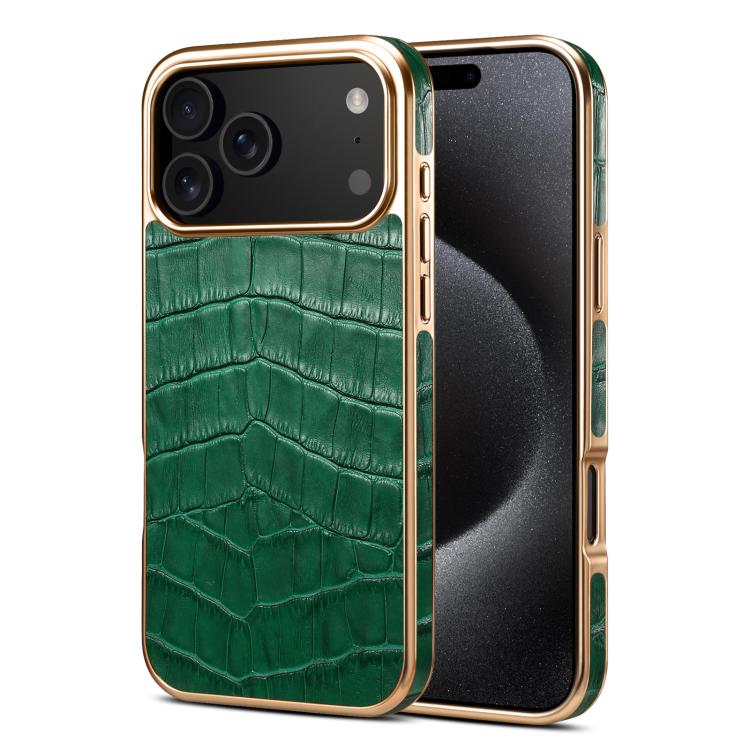 For iPhone 17 Pro Max Denior Crocodile Texture Genuine Leather Electroplating Phone Case(Green)