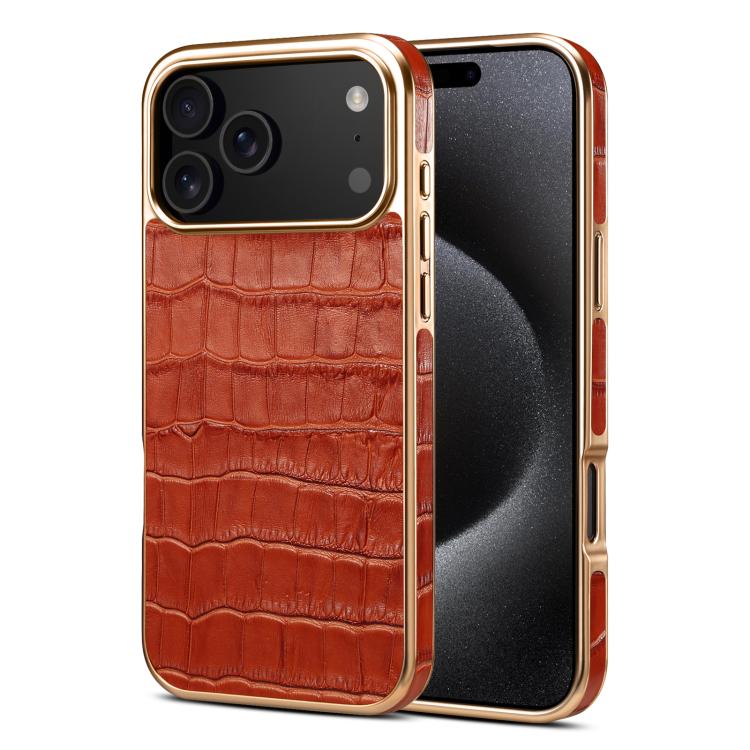 For iPhone 17 Pro Max Denior Crocodile Texture Genuine Leather Electroplating Phone Case(Mocha Brown)