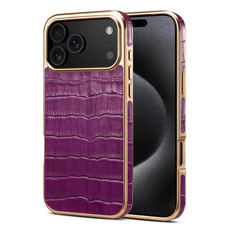 For iPhone 17 Pro Max Denior Crocodile Texture Genuine Leather Electroplating Phone Case(Purple)