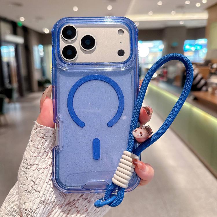 For iPhone 17 Pro Max Detachable 3 in 1 Glitter Magnetic Phone Case with Hand Strap(Blue)