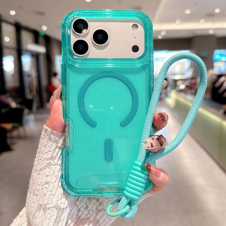 For iPhone 17 Pro Max Detachable 3 in 1 Glitter Magnetic Phone Case with Hand Strap(Mint Green)