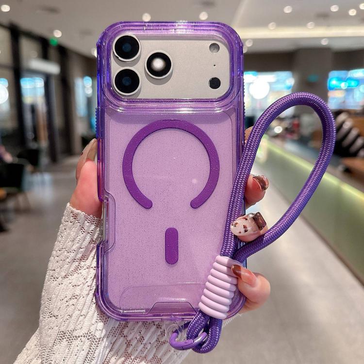 For iPhone 17 Pro Max Detachable 3 in 1 Glitter Magnetic Phone Case with Hand Strap(Purple)