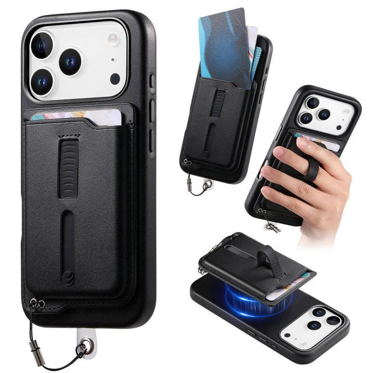 For iPhone 17 Pro Max Detachable Magnetic Card Bag Phone Case with Finger Ring Grip & Anti-loss Rope(Black)