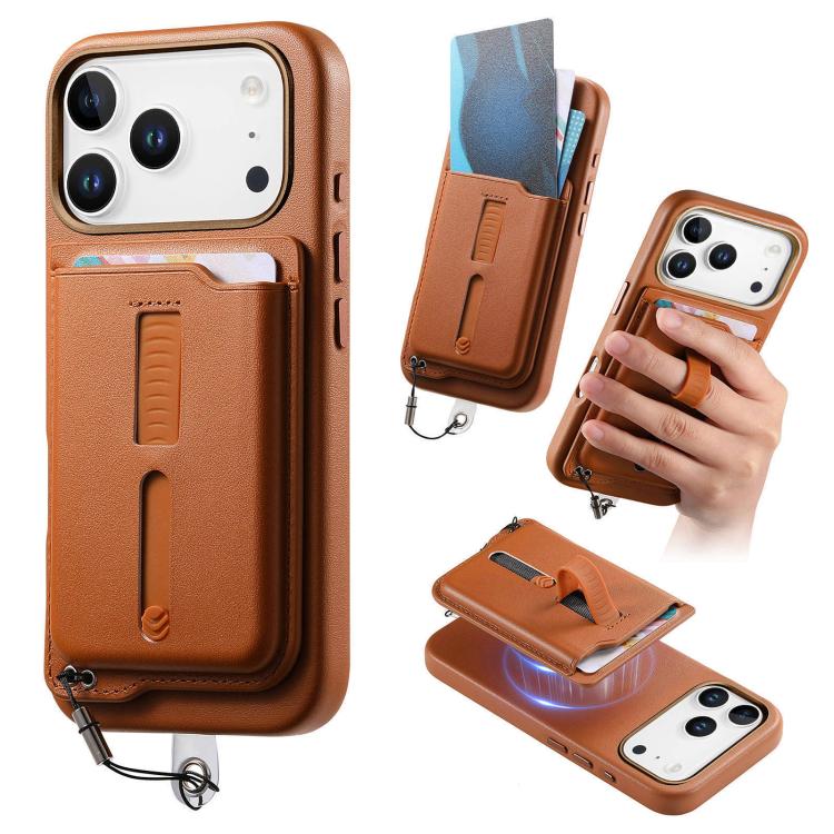 For iPhone 17 Pro Max Detachable Magnetic Card Bag Phone Case with Finger Ring Grip & Anti-loss Rope(Brown)