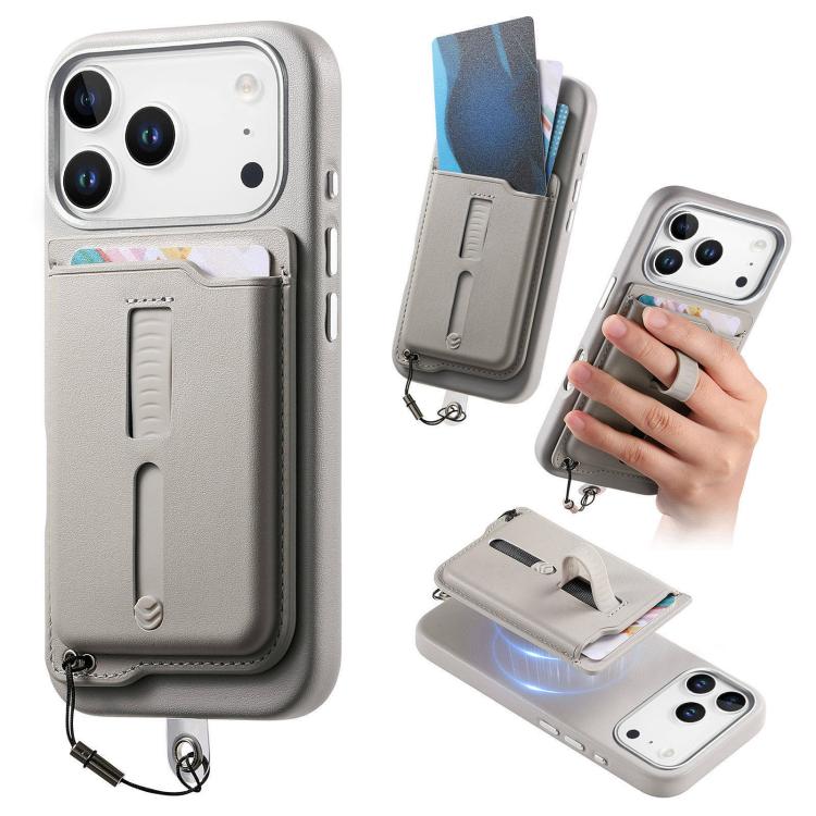For iPhone 17 Pro Max Detachable Magnetic Card Bag Phone Case with Finger Ring Grip & Anti-loss Rope(Gray)
