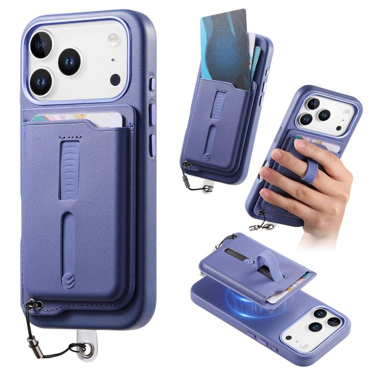 For iPhone 17 Pro Max Detachable Magnetic Card Bag Phone Case with Finger Ring Grip & Anti-loss Rope(Lavender)