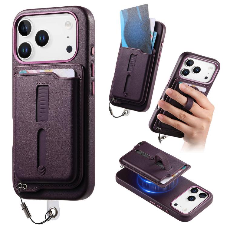For iPhone 17 Pro Max Detachable Magnetic Card Bag Phone Case with Finger Ring Grip & Anti-loss Rope(Purple)