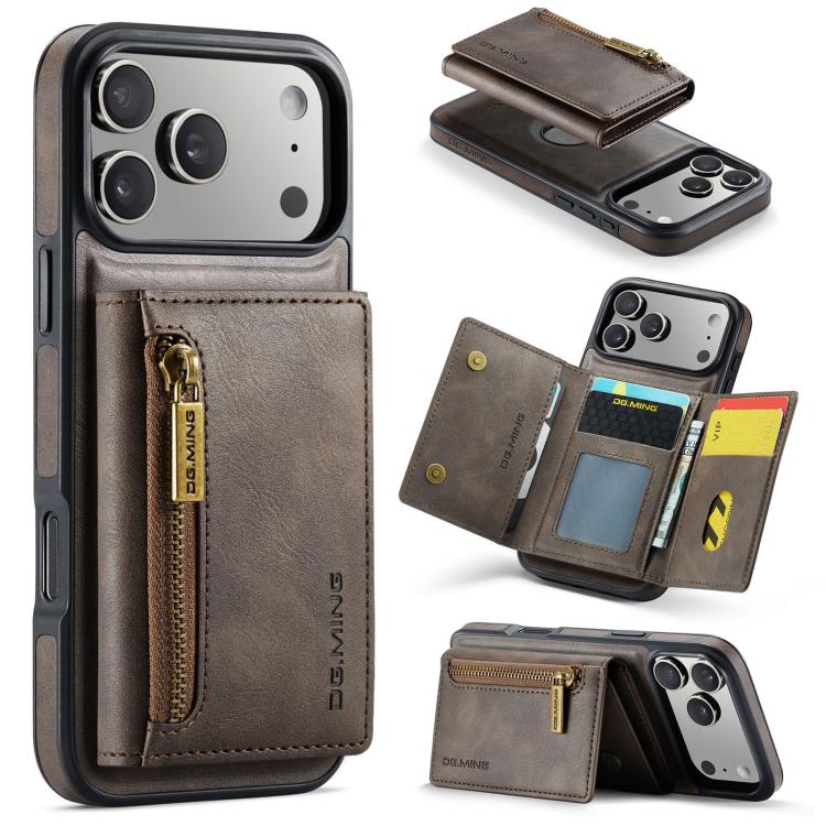 For iPhone 17 Pro Max DG.MING M5 Series Zip RFID Multi Card Detachable Leather Phone Case(Coffee)
