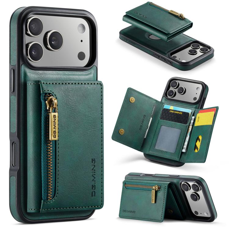 For iPhone 17 Pro Max DG.MING M5 Series Zip RFID Multi Card Detachable Leather Phone Case(Green)