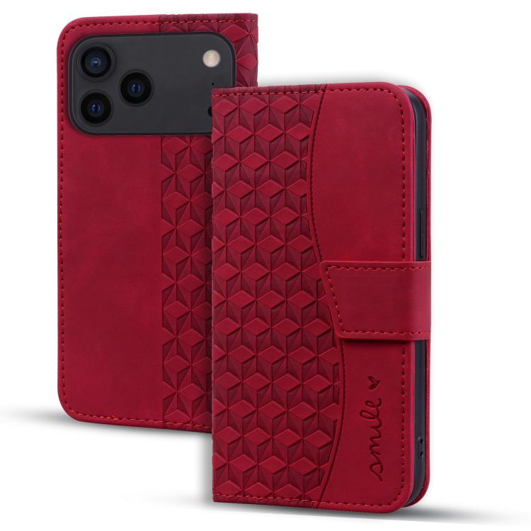For iPhone 17 Pro Max Diamond Buckle Leather Phone Case with Lanyard(Wine Red)
