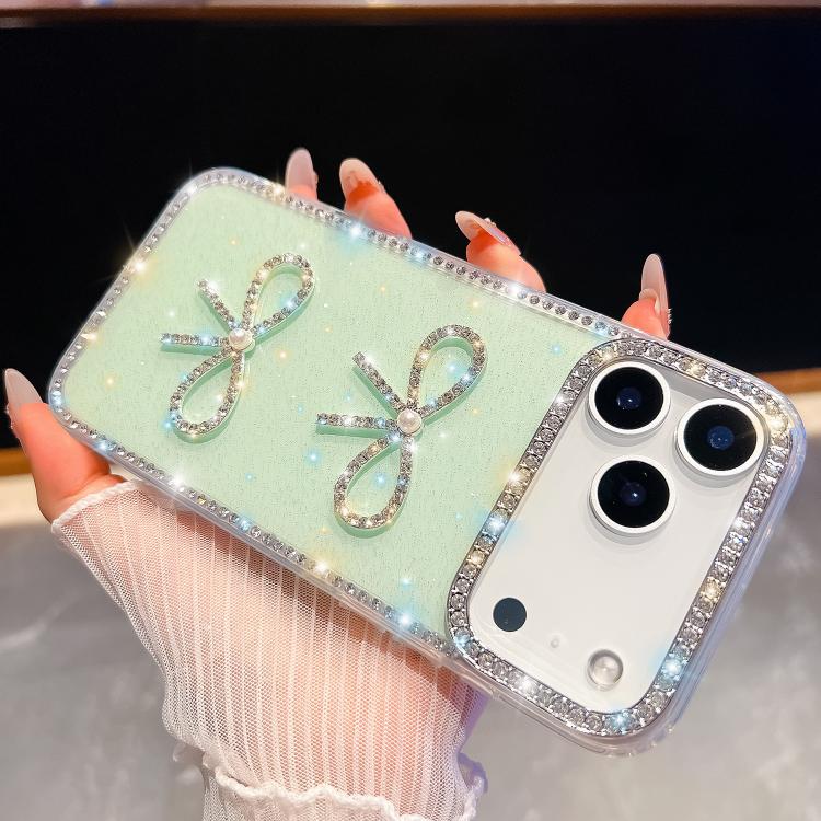 For iPhone 17 Pro Max Diamond Glitter Dual Bow-knot Shockproof Phone Case(Light Green)