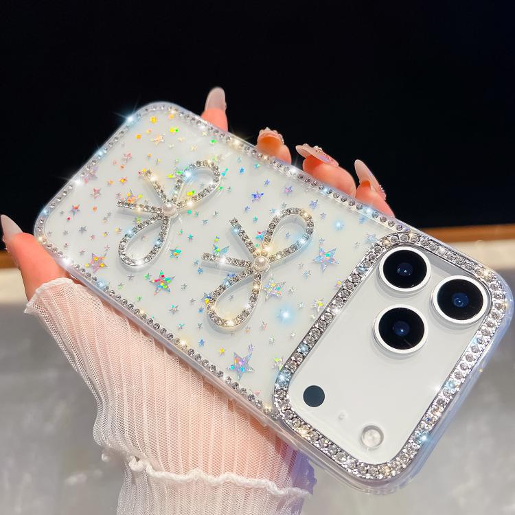 For iPhone 17 Pro Max Diamond Glitter Dual Bow-knot Shockproof Phone Case(Transparent Stars)
