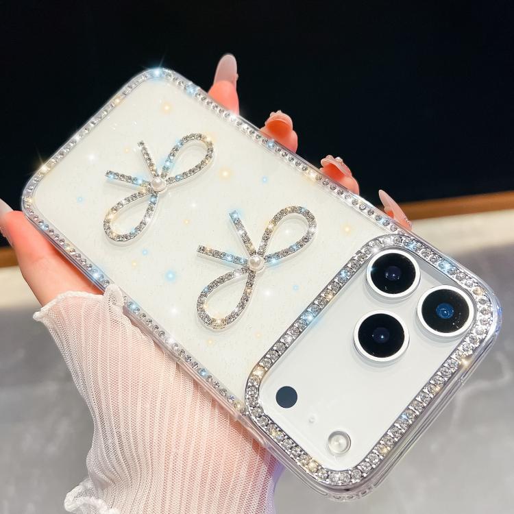 For iPhone 17 Pro Max Diamond Glitter Dual Bow-knot Shockproof Phone Case(White)