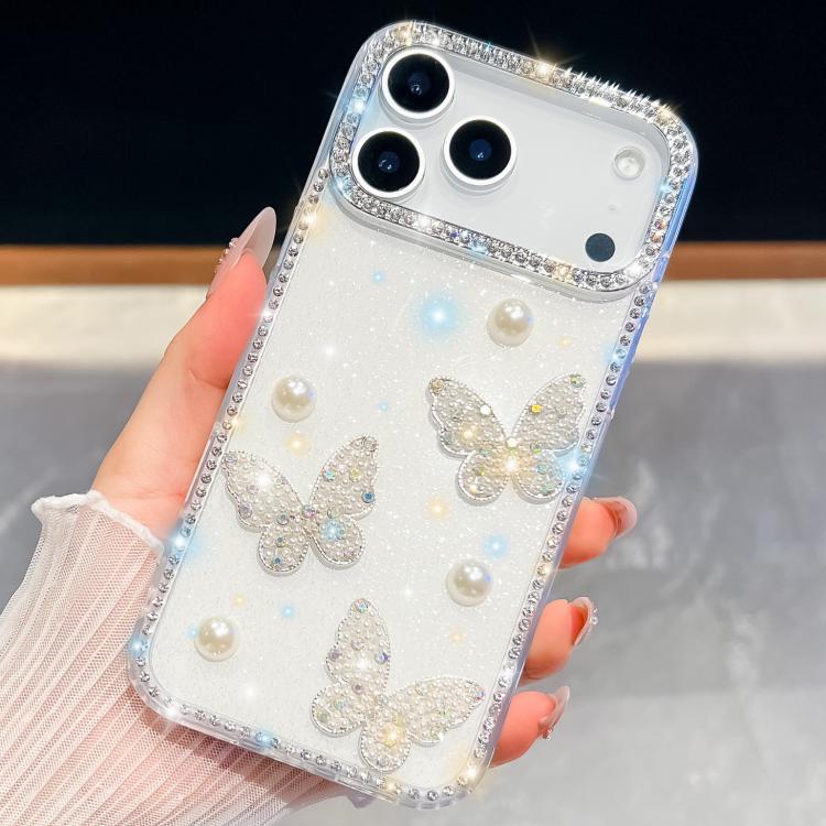 For iPhone 17 Pro Max Diamond Glitter Pearl Butterfly Four-Corner Shockproof Phone Case(Transparent)