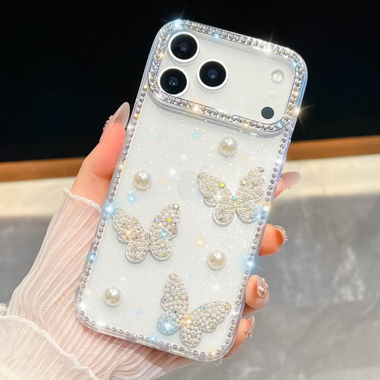 For iPhone 17 Pro Max Diamond Glitter Pearl Butterfly Four-Corner Shockproof Phone Case(White)