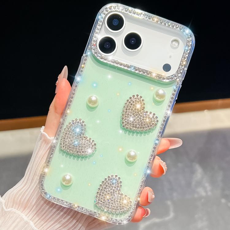 For iPhone 17 Pro Max Diamond Glitter Pearl Heart Four-Corner Shockproof Phone Case(Light Green)