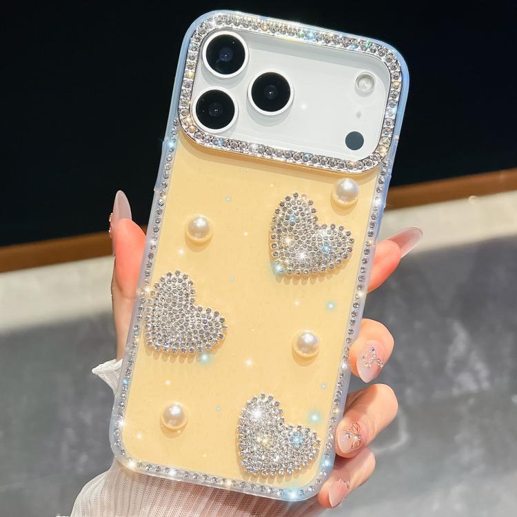 For iPhone 17 Pro Max Diamond Glitter Pearl Heart Four-Corner Shockproof Phone Case(Light Yellow)