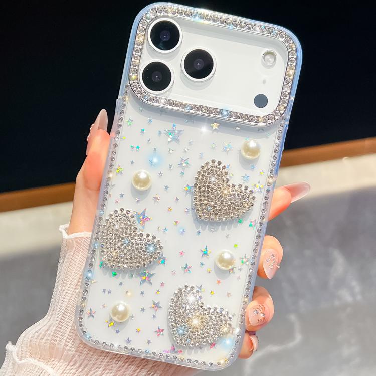 For iPhone 17 Pro Max Diamond Glitter Pearl Heart Four-Corner Shockproof Phone Case(Transparent Stars)