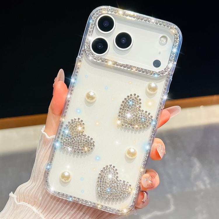 For iPhone 17 Pro Max Diamond Glitter Pearl Heart Four-Corner Shockproof Phone Case(White)