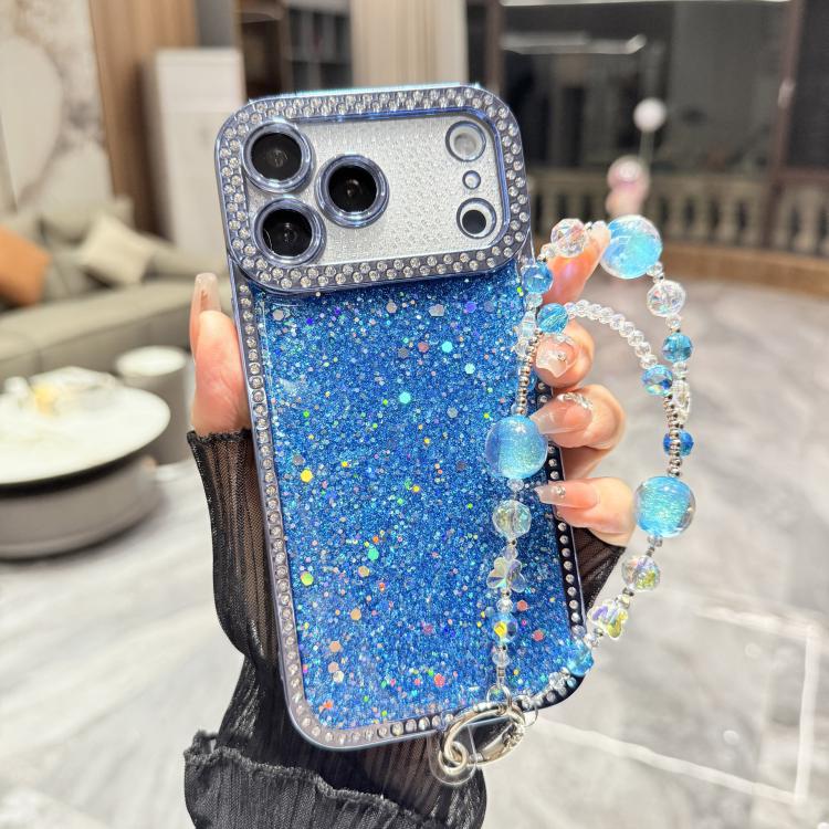 For iPhone 17 Pro Max Diamond Glitter Sequins TPU Phone Case with Bracelet Chain(Blue)