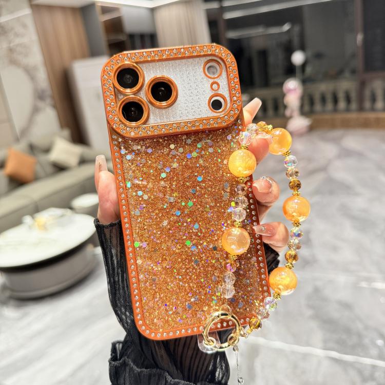 For iPhone 17 Pro Max Diamond Glitter Sequins TPU Phone Case with Bracelet Chain(Brown)